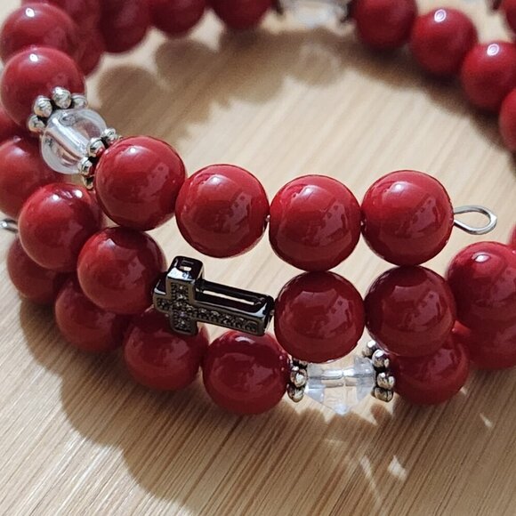 Hand Crafted Wrap Bracelet Bright Red Clear Crystals Black Pave Cross Coil - Picture 5 of 12